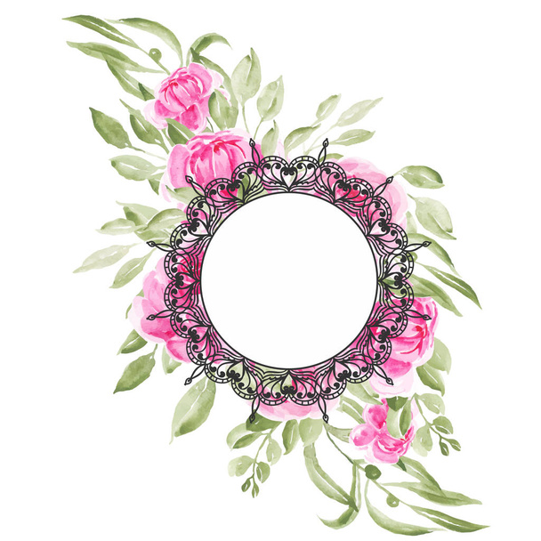 ροζ παιώνια λουλούδια με καρέ μαντάλα - Διάνυσμα, εικόνα
