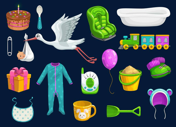 Ikony dětských předmětů. Hračky, pohár, lžíce, bryndáček a čáp - Vektor, obrázek