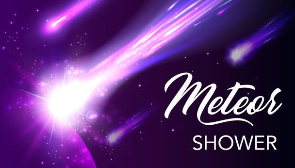 Meteors and comets falling with neon purple trails - Vector, Image