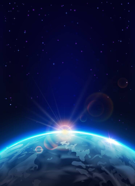 Ανατολή ηλίου στο διάστημα. Γη πλανήτης με ήλιο και αστέρια - Διάνυσμα, εικόνα