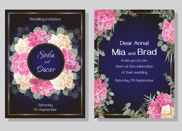 Floral template for a wedding invitation. Round frame made of peony flowers, eucalyptus, green leaves and plants, dark background and sparkles. Greeting card.  - Vector, Image