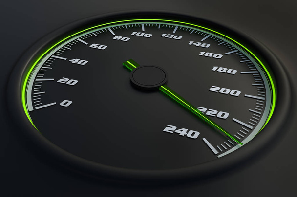 Zielony prędkościomierz w samochodzie na desce rozdzielczej. 3D wytopione ilustracja. - Zdjęcie, obraz