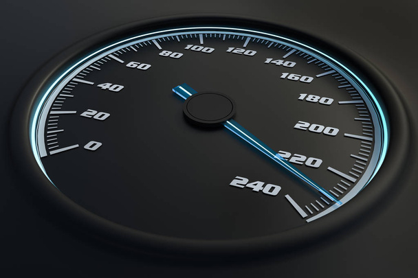 Compteur de vitesse bleu dans la voiture sur le tableau de bord. Illustration 3D
. - Photo, image