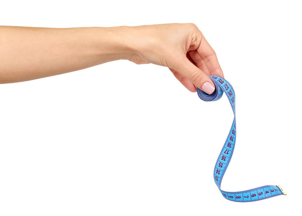 Blue sewing centimeter, ribbon ruler. Measuring tool. - Foto, Imagen