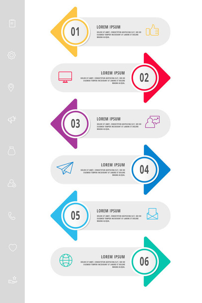 Vector infographic flat template. Circles with arrow for six diagrams, graph, flowchart, timeline, marketing, presentation. Business concept with 6 labels - Vector, Image