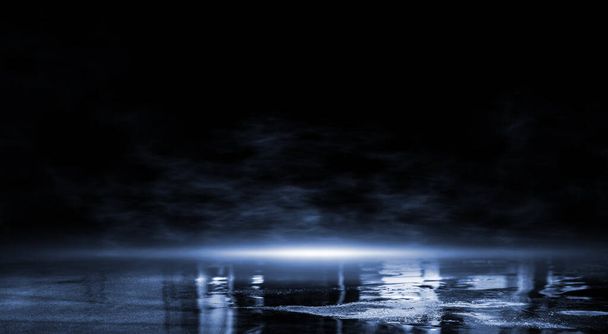 3D renderização abstrato escuro vazio cena, azul neon holofote
 - Foto, Imagem