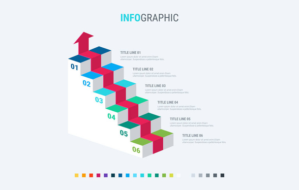 Colorful diagram, infographic template. Timeline with 6 options. Stairs workflow process for business. Vector design. Cold palette. - Vector, Image