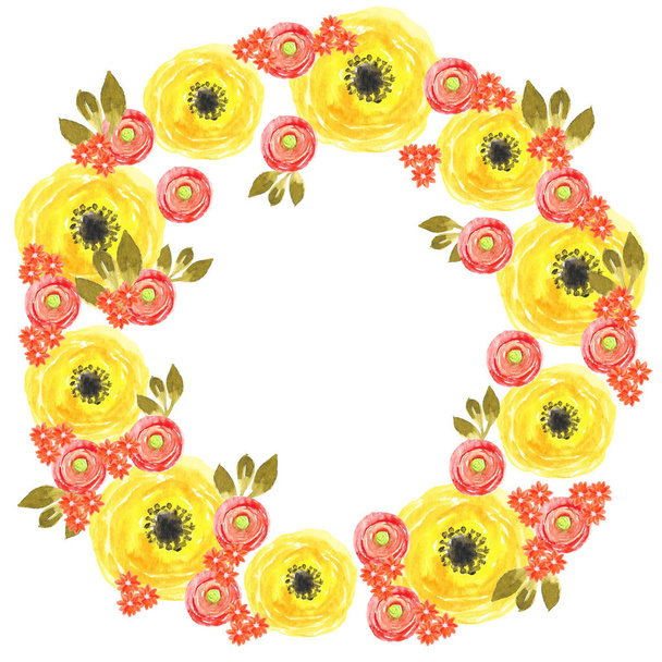 Una hermosa guirnalda. Linda corona con hojas con flores de peonía amarillas y rojas. Diseño romántico
 - Foto, imagen