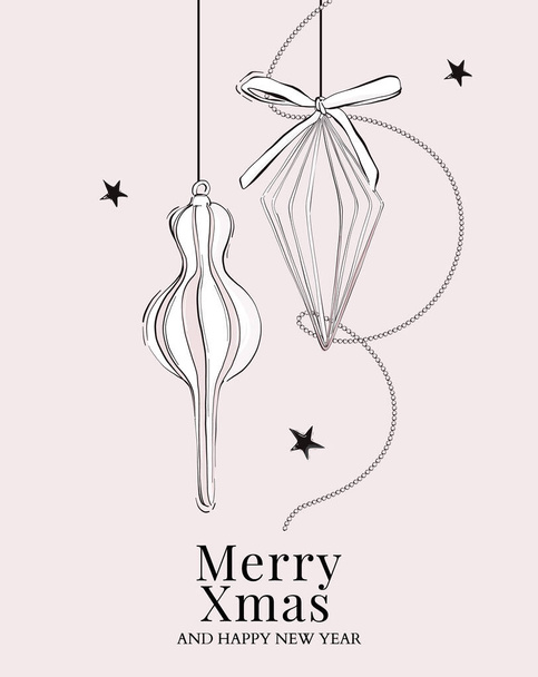 新年ソフトピンクの泡のボールと星、弓と幾何学的な形状を持つメリークリスマス手描きカード。ベクトルスケッチイラスト,グリーティングカードデザイン - ベクター画像
