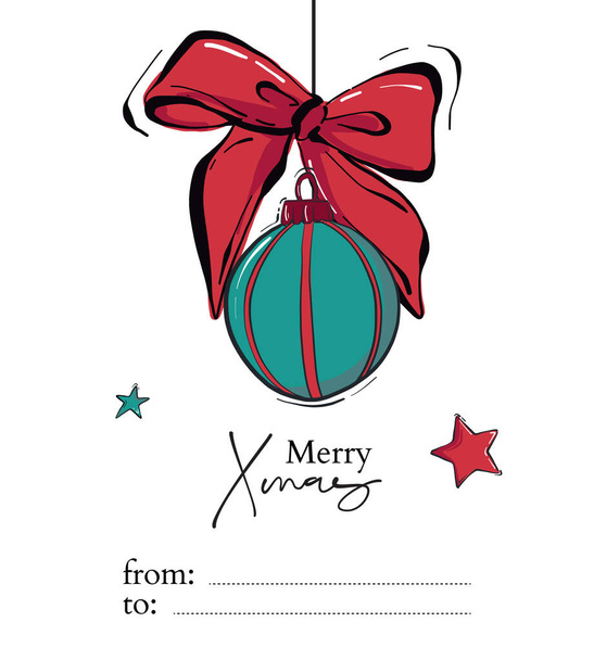 メリークリスマスハンドは、緑の赤い伝統的な色で新年の泡のボールと星とカードを描きました。ベクトルスケッチイラスト,グリーティングカードデザイン. - ベクター画像