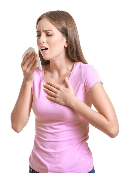 Young woman suffering from allergy on white background - Foto, immagini