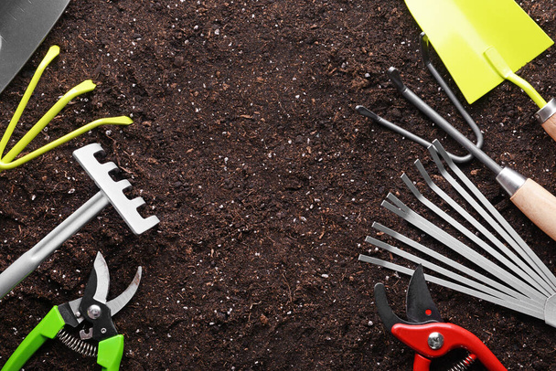 Set of gardening equipment on soil - Photo, Image