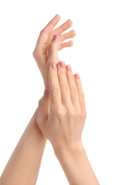 Hands of beautiful young woman on white background - Φωτογραφία, εικόνα
