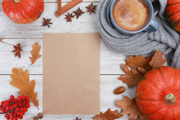 Grey coffee mug wrapped in plaid, dry leaves, pumpkins, berries, blank paper on white wooden table. Autumn drink concept. Fall, spicy latte, thanksgiving, top, copy space - Photo, image