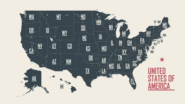 Amerikai Egyesült Államok térképe, határokkal és rövidítésekkel - Vektor, kép