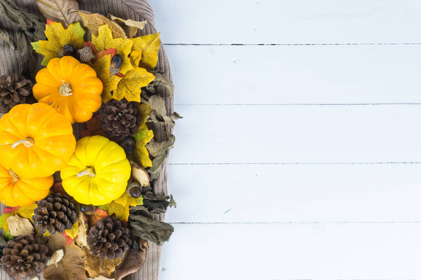 Blick von oben auf Herbst-Ahornblätter mit Kürbis und Tannenzapfen auf wh - Foto, Bild