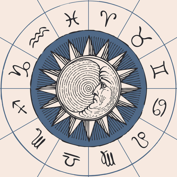 circle of zodiac signs with Sun and crescent Moon - Vector, Image