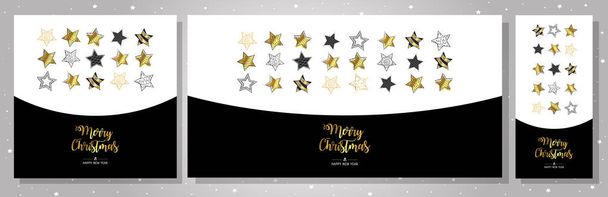 Conjunto de tarjetas de felicitación de oro Feliz Navidad. Ilustración vectorial con elementos navideños estrellas. Patrón moderno simple
 - Vector, imagen
