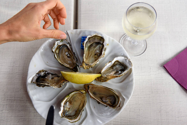 Oysters with lemon and glass of white win, served on white plate, ready for eat. Oysters from Bordeaux region. - 写真・画像