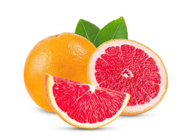 pink orange or grapefruit with leaf isolated on white background . full depth of field - Photo, Image