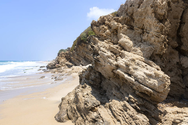 海のビーチアシュケロン国立公園の海岸に石の棚と泡立つ波があります - 写真・画像