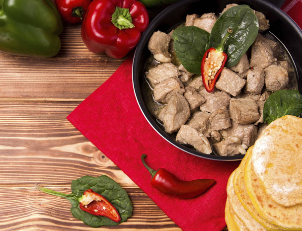 Fajitas. Beef in a pan with pepper. Tortilla. Ingredients for Mexican cuisine. National dishes. Copy space - Fotoğraf, Görsel