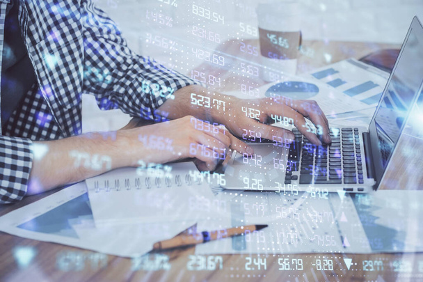 Multi exposure of stock market chart with man working on computer on background. Concept of financial analysis. - Foto, Bild