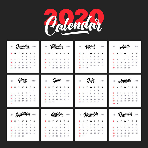 Kalendervorlage für 2020 Jahr. Handschriftliche Beschriftung. - Vektor, Bild