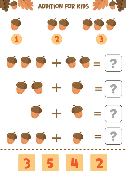 Addition for kids. Mathematical game. Counting game. Autumn worksheet. Count the leaves. - ベクター画像