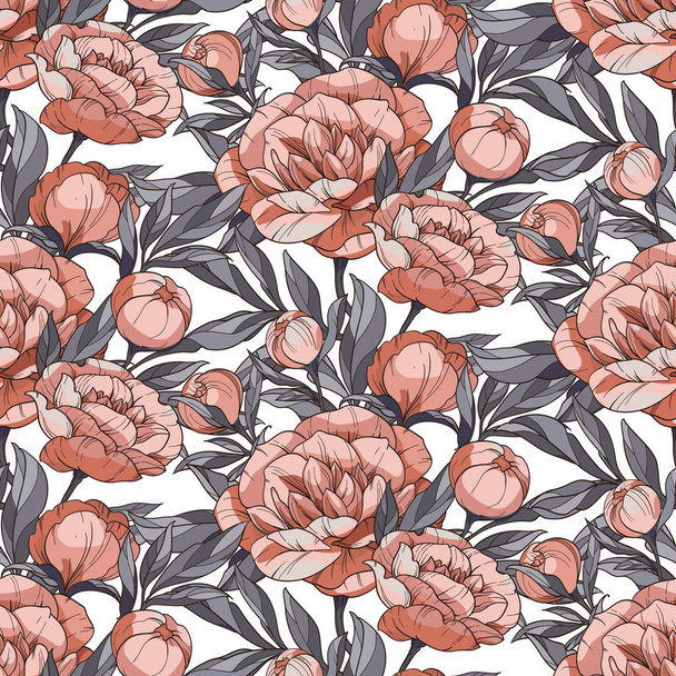 seamless floral vector pattern with peonies. Orange flowers and buds with grey leaves on a white background. - ベクター画像