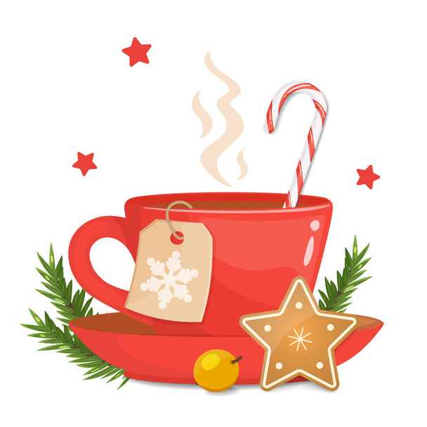 Red cup with star shaped christmas cookie, hard candy cane striped and Christmas label - Vektör, Görsel