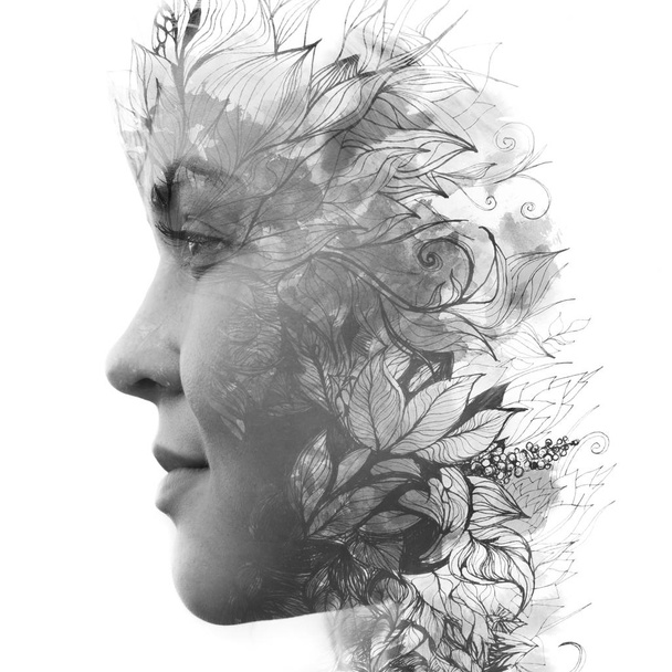Paintography. Double exposure profile of a young natural beauty, - Foto, afbeelding