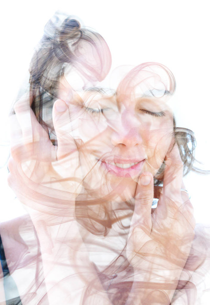 Double exposure. Profile portrait of a peaceful girl combined wi - Φωτογραφία, εικόνα