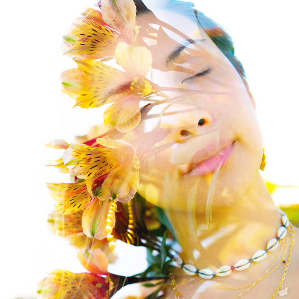 Double exposure portrait of a young, relaxed natural beauty with - Fotografie, Obrázek