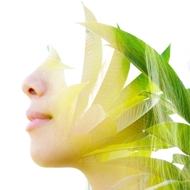 Double exposure of a healthy natural beauty's profile combined w - Foto, Imagem
