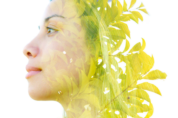 Double exposure of a healthy natural beauty's profile combined w - Foto, Imagem