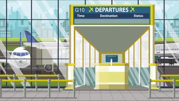 Flughafen-Abflugtafel mit Monrovia-Bildunterschrift. Reisen in Liberia verwandte Schlupflöcher Cartoon-Animation - Filmmaterial, Video