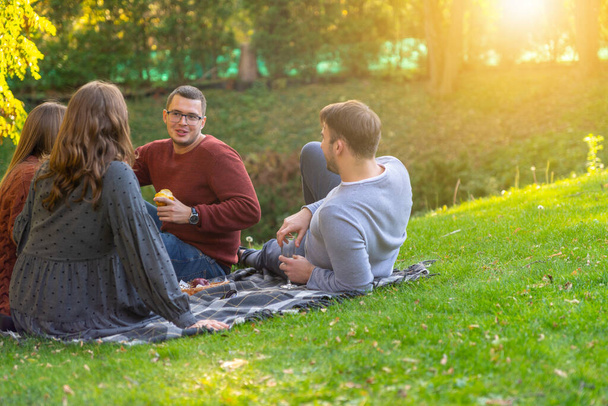 Young friends enjoy an evening picnic in a park - Foto, Imagen