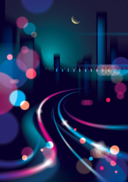 Abstract urban night light bokeh defocused background. Effect vector beautiful background. Blur colorful dark background with cityscape, buildings silhouettes skyline. - Vector, Image