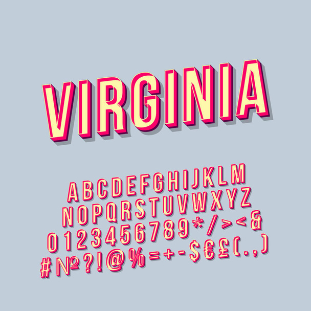 Virginia vintage 3D-s vektor felirat. Retro félkövér betűtípus, betűtípus. Pop art stilizált szöveg. Régi stílusú betűk számok, szimbólumok csomag. 90-es, 80-as évek plakát tipográfia design. Baba kék szín háttér - Vektor, kép