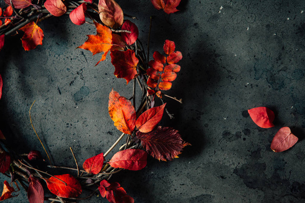 Wreath made of branches and autumn leaves on a gray background. - 写真・画像