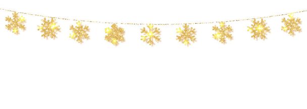 Christmas or New Year golden snowflake decoration garland on white background. Hanging glitter snowflake. Vector illustration - Vektor, kép
