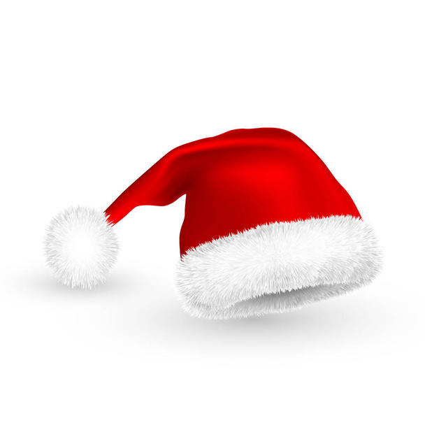 Cappello Babbo Natale rosso realistico isolato su sfondo bianco. Berretto Babbo Natale in maglia sfumata con pelliccia. Illustrazione vettoriale - Vettoriali, immagini