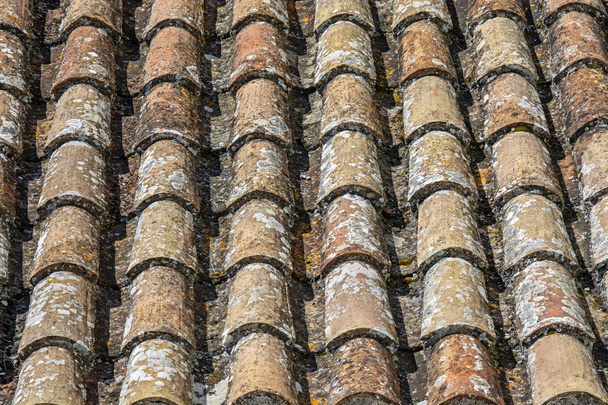 Pozadí staré střešní tašky s mechem a lišejníky. Detailní záběr staré dlaždice střechy starobylé budovy v Katalánsku, Španělsko - Fotografie, Obrázek