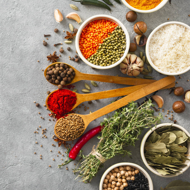 Spices and herb, rice and various beans with copy space on wite backgraund  top view - Fotoğraf, Görsel