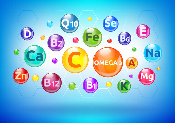 ビタミンやミネラル複合体、カラフルな泡、手紙付きのボール - ベクター画像