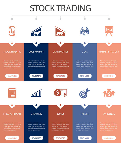 obchodování s akciemi Infographic 10 kroků Ui design.bull trh, medvědí trh, výroční zpráva, cílové jednoduché ikony - Vektor, obrázek
