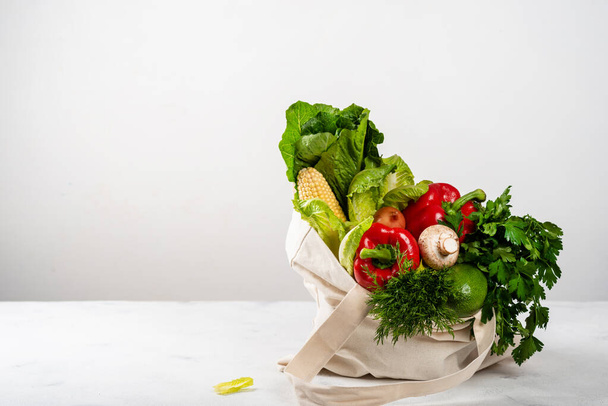 Zero Waste Purchase Konzept. Lebensmittelgewebe Öko-Tasche voll mit verschiedenen Bio-frischem Gemüse auf hellem Hintergrund mit Platz für Text. Saubere vegane Ernährung. - Foto, Bild