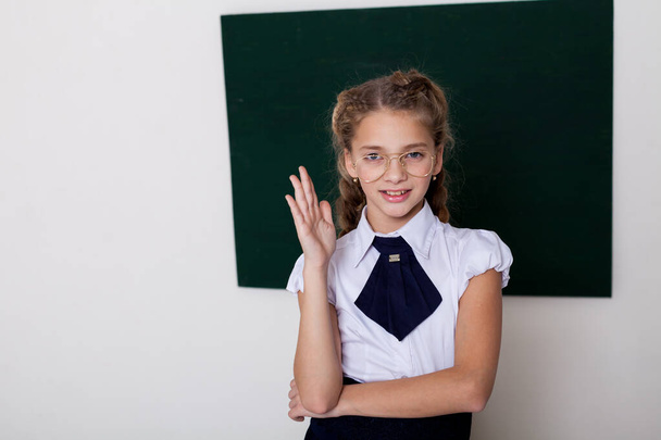 Beautiful schoolgirl girl at the board in class in class - Photo, Image