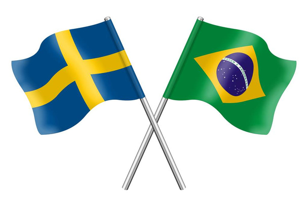 3d Σημαίες της Σουηδίας και της Βραζιλίας απομονώνονται σε λευκό φόντο - Φωτογραφία, εικόνα